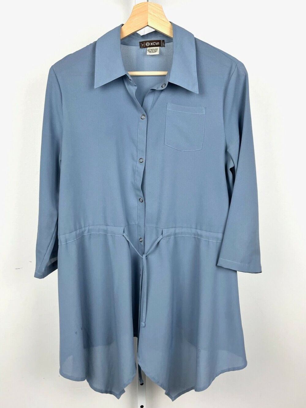 XCVI S 3/4 Sleeve Button Shirt Top Blouse Drawstring Waist Asymmetric Hem Blue